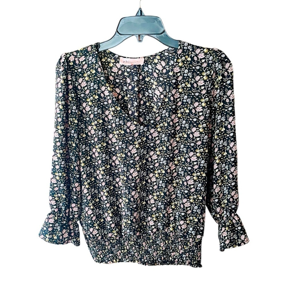 Philosophy 3/4 puffed sleeve smocked waist floral blouse SZ S black white pink